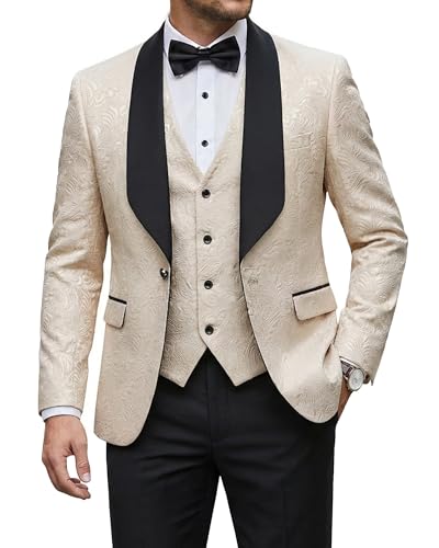 Men's 3 Piece Luxury Tuxedo Set, Jacquard Slim Fit Shawl Lapel Jacket Vest & Pants, Premium Tuxedo for Men, Beige