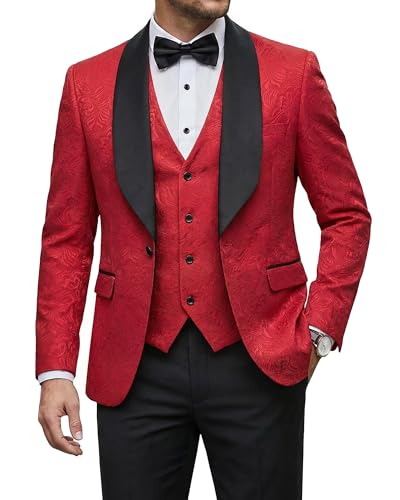 Men's 3 Piece Luxury Tuxedo Set, Jacquard Slim Fit Shawl Lapel Jacket Vest & Pants, Premium Tuxedo for Men, Red