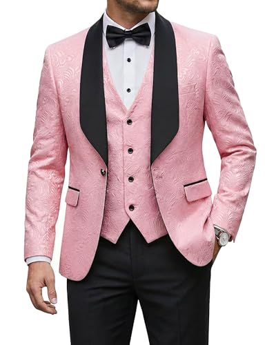 Men's 3 Piece Luxury Tuxedo Set, Jacquard Slim Fit Shawl Lapel Jacket Vest & Pants, Premium Tuxedo for Men, Pink