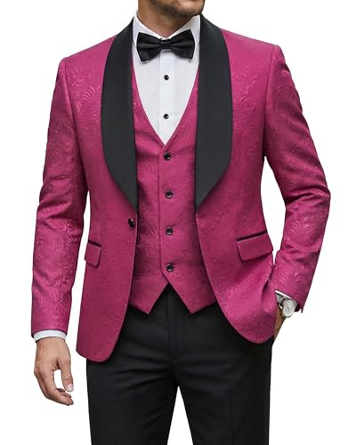 Men's 3 Piece Luxury Tuxedo Set, One Button Jacquard Slim Fit Shawl Lapel Jacket Vest & Pants, Premium Tuxedo for Men, Fuchsia