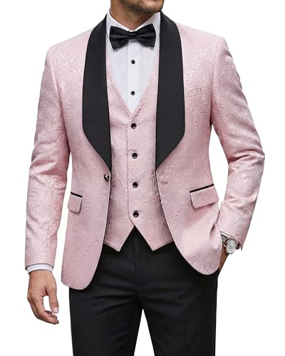 Men's 3 Piece Luxury Tuxedo Set, One Button Jacquard Slim Fit Shawl Lapel Jacket Vest & Pants, Premium Tuxedo for Men, Light Pink
