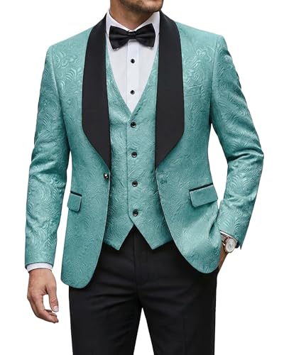 Men's 3 Piece Luxury Tuxedo Set, One Button Jacquard Slim Fit Shawl Lapel Jacket Vest & Pants, Premium Tuxedo for Men, Pea Green