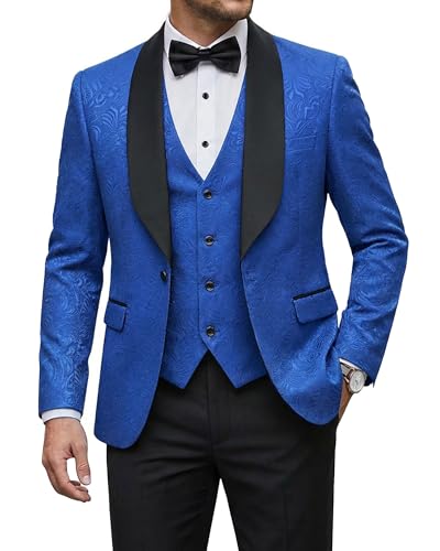 Men's 3 Piece Luxury Tuxedo Set, One Button Jacquard Slim Fit Shawl Lapel Jacket Vest & Pants, Premium Tuxedo for Men, Blue