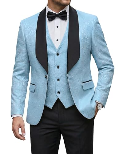 Men's 3 Piece Luxury Tuxedo Set, One Button Jacquard Slim Fit Shawl Lapel Jacket Vest & Pants, Premium Tuxedo for Men, Sky