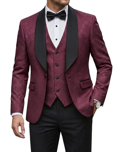 Men's 3 Piece Luxury Tuxedo Set, One Button Jacquard Slim Fit Shawl Lapel Jacket Vest & Pants, Premium Tuxedo for Men, Deep Burgundy