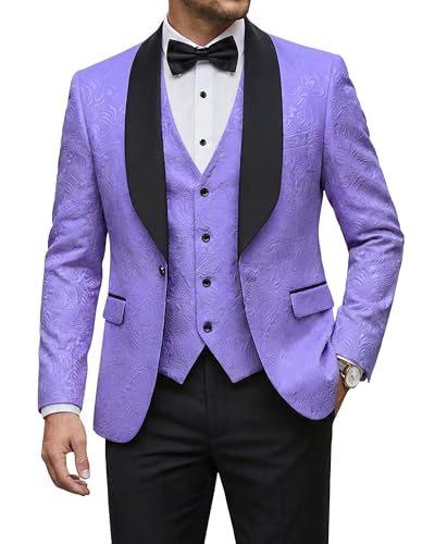 Men's 3 Piece Luxury Tuxedo Set, One Button Jacquard Slim Fit Shawl Lapel Jacket Vest & Pants, Premium Tuxedo for Men, Purple, Light Purple