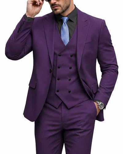 Men's 3 Piece Slim Fit Suit Set, One Button Peak Lapel Solid Business Blazer Jacket, Double Breasted Vest Pants and Tie, Deep Purple