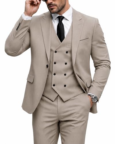 Men's 3 Piece Slim Fit Suit Set, One Button Peak Lapel Solid Business Blazer Jacket, Double Breasted Vest Pants and Tie, Beige