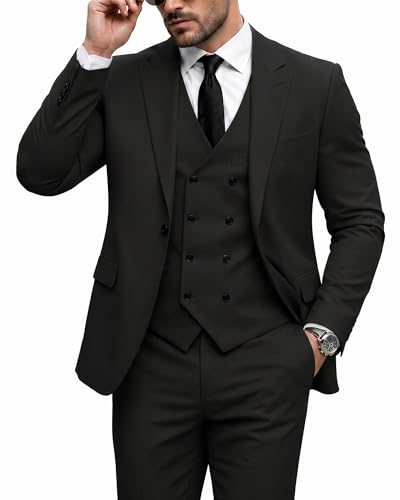 Men's 3 Piece Slim Fit Suit Set, One Button Peak Lapel Solid Business Blazer Jacket, Double Breasted Vest Pants and Tie, Black