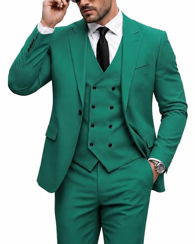 Men's 3 Piece Slim Fit Suit Set, One Button Peak Lapel Solid Business Blazer Jacket, Double Breasted Vest Pants and Tie, Green