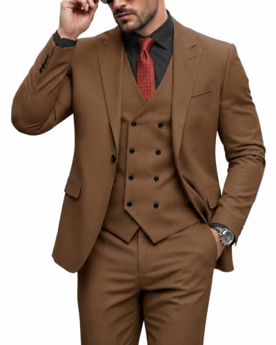 Men's 3 Piece Slim Fit Suit Set, One Button Peak Lapel Solid Business Blazer Jacket, Double Breasted Vest Pants and Tie, Khaki