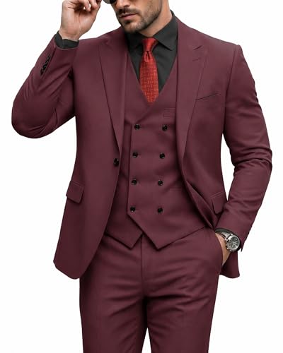 Men's 3 Piece Slim Fit Suit Set, One Button Peak Lapel Solid Business Blazer Jacket, Double Breasted Vest Pants and Tie, Burgundy