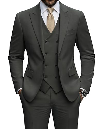 Men's 3 Piece Slim Fit Suit Set, One Button Peak Lapel Solid Business Blazer Jacket, Double Breasted Vest Pants and Tie, Deep Grey