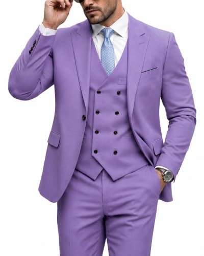 Men's 3 Piece Slim Fit Suit Set, One Button Peak Lapel Solid Business Blazer Jacket, Double Breasted Vest Pants and Tie, Purple