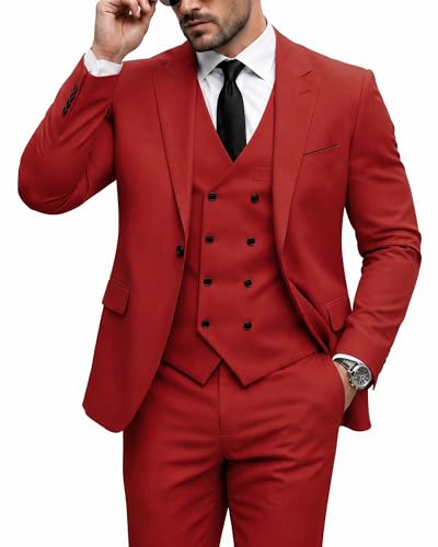 Men's 3 Piece Slim Fit Suit Set, One Button Peak Lapel Solid Business Blazer Jacket, Double Breasted Vest Pants and Tie, Red