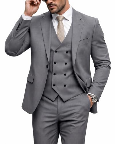 Men's 3 Piece Slim Fit Suit Set, One Button Peak Lapel Solid Business Blazer Jacket, Double Breasted Vest Pants and Tie, Light Grey