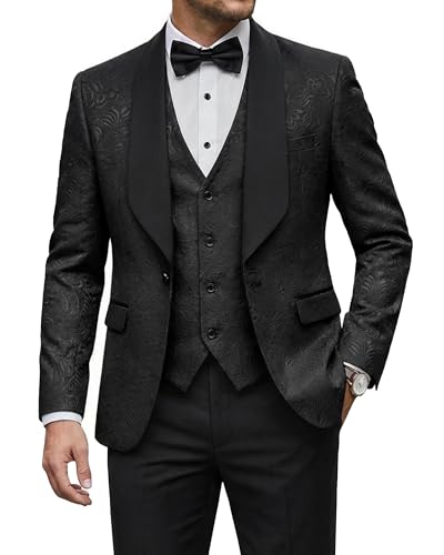 Men's 3 Piece Slim Fit Tuxedo Set, Solid Shawl Collar Jacquard Jacket Vest Button Pants, Black