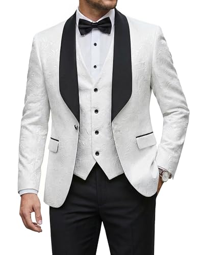 Men's 3 Piece Slim Fit Tuxedo Set, Solid Shawl Collar Jacquard Jacket Vest Button Pants, White