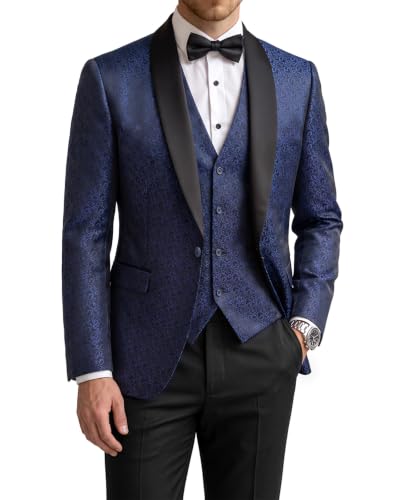 Men's 3 Piece Slim Fit Tuxedo Suit Set, One Button Shawl Collar Floral Business Blazer Jacket Vest Pants with Bow Tie, Deep Blue