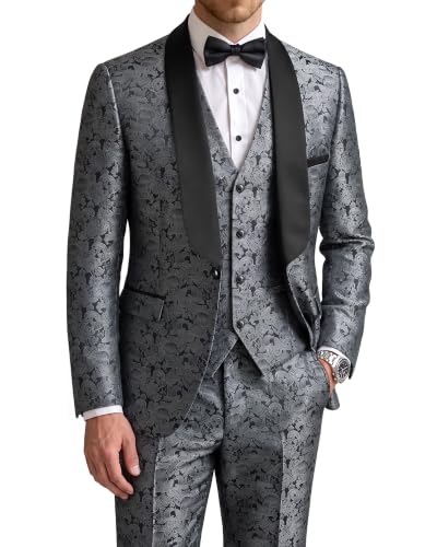 Men's 3 Piece Slim Fit Tuxedo Suit Set, One Button Shawl Collar Floral Business Blazer Jacket Vest Pants with Bow Tie, Deep Grey