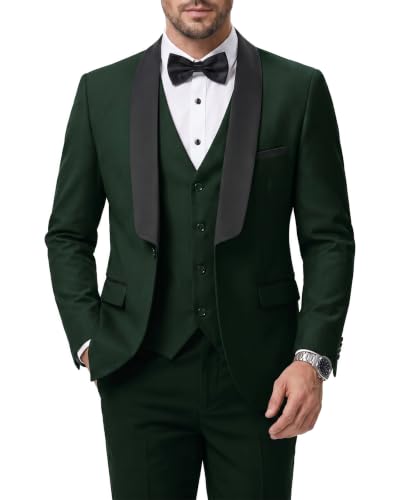 Men's 3 Piece Slim Fit Tuxedo Suit Set, One Button Shawl Lapel Solid Blazer, Jacket Vest Pants with Bow Tie, Deep Green