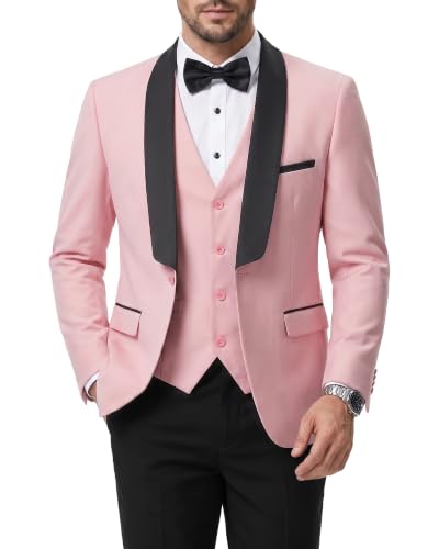 Men's 3 Piece Slim Fit Tuxedo Suit Set, One Button Shawl Lapel Solid Blazer, Jacket Vest Pants with Bow Tie, Light Pink