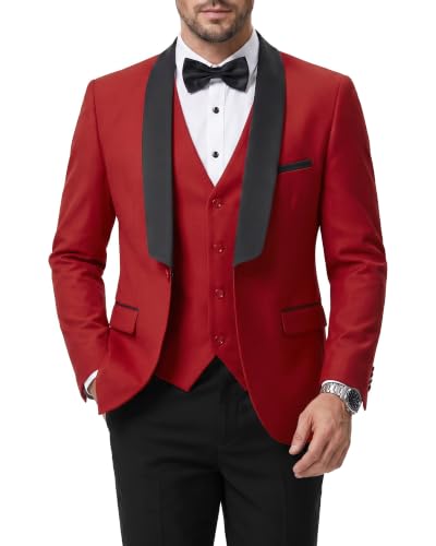 Men's 3 Piece Slim Fit Tuxedo Suit Set, One Button Shawl Lapel Solid Blazer, Jacket Vest Pants with Bow Tie, Red