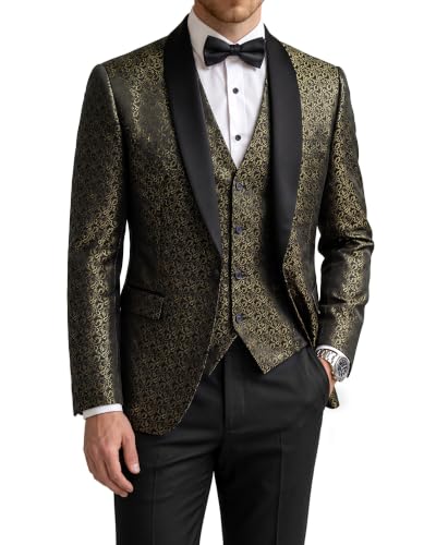 Men's 3 Piece Slim Fit Tuxedo Suit Set, One Button Shawl Collar Floral Business Blazer Jacket Vest Pants with Bow Tie, Gold