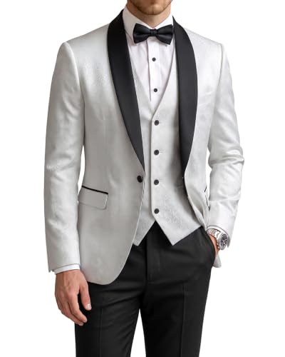 Men's 3 Piece Slim Fit Tuxedo Suit Set, One Button Shawl Collar Floral Business Blazer Jacket Vest Pants with Bow Tie, White