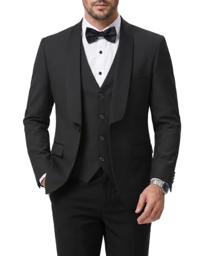 Men's 3 Piece Slim Fit Tuxedo Suit Set, One Button Shawl Lapel Solid Blazer, Jacket Vest Pants with Bow Tie, Black
