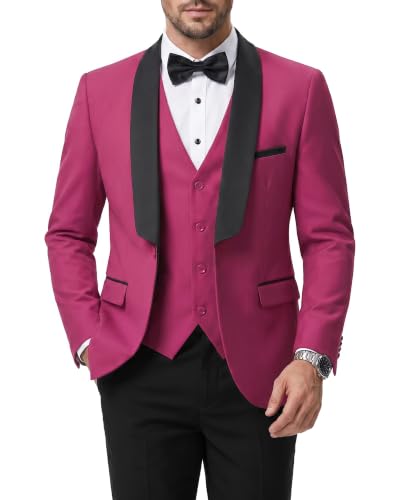 Men's 3 Piece Slim Fit Tuxedo Suit Set, One Button Shawl Lapel Solid Blazer, Jacket Vest Pants with Bow Tie, Fuchsia