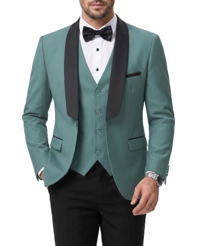 Men's 3 Piece Slim Fit Tuxedo Suit Set, One Button Shawl Lapel Solid Blazer, Jacket Vest Pants with Bow Tie, Green