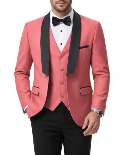 Men's 3 Piece Slim Fit Tuxedo Suit Set, One Button Shawl Lapel Solid Blazer, Jacket Vest Pants with Bow Tie, Pink