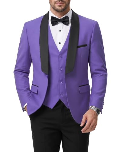 Men's 3 Piece Slim Fit Tuxedo Suit Set, One Button Shawl Lapel Solid Blazer, Jacket Vest Pants with Bow Tie, Purple
