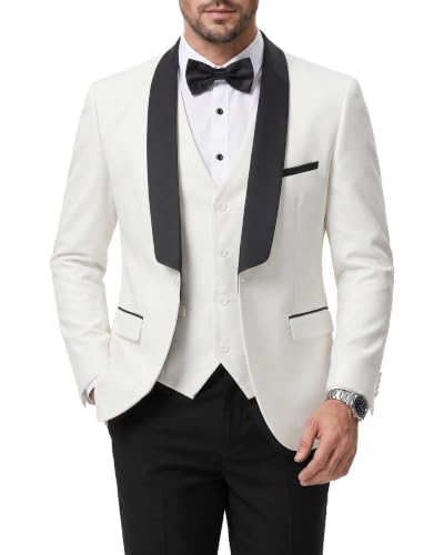 Men's 3 Piece Slim Fit Tuxedo Suit Set, One Button Shawl Lapel Solid Blazer, Jacket Vest Pants with Bow Tie, White