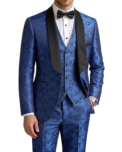 Men's 3 Piece Slim Fit Tuxedo Suit Set, One Button Shawl Collar Floral Business Blazer Jacket Vest Pants with Bow Tie, Bright Blue