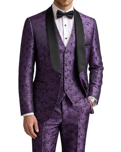 Men's 3 Piece Slim Fit Tuxedo Suit Set, One Button Shawl Collar Floral Business Blazer Jacket Vest Pants with Bow Tie, Deep Purple