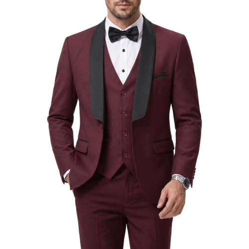 Men's 3 Piece Slim Fit Tuxedo Suit Set, One Button Shawl Lapel Solid Blazer, Jacket Vest Pants with Bow Tie, Burgundy