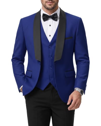 Men's 3 Piece Slim Fit Tuxedo Suit Set, One Button Shawl Lapel Solid Blazer, Jacket Vest Pants with Bow Tie, Sapphire