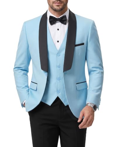 Men's 3 Piece Slim Fit Tuxedo Suit Set, One Button Shawl Lapel Solid Blazer, Jacket Vest Pants with Bow Tie, Sky Blue