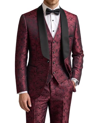 Men's 3 Piece Slim Fit Tuxedo Suit Set, One Button Shawl Collar Floral Business Blazer Jacket Vest Pants with Bow Tie, Burgundy