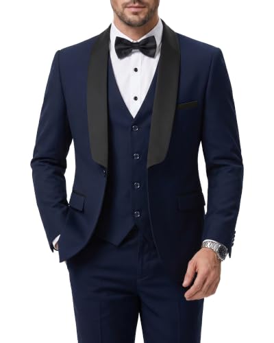 Men's 3 Piece Slim Fit Tuxedo Suit Set, One Button Shawl Lapel Solid Blazer, Jacket Vest Pants with Bow Tie, Deep Blue