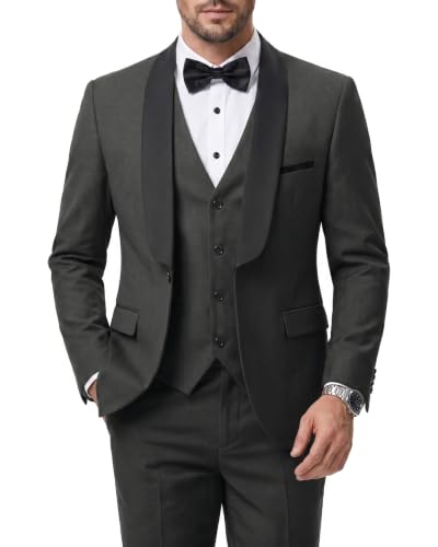 Men's 3 Piece Slim Fit Tuxedo Suit Set, One Button Shawl Lapel Solid Blazer, Jacket Vest Pants with Bow Tie, Deep Grey