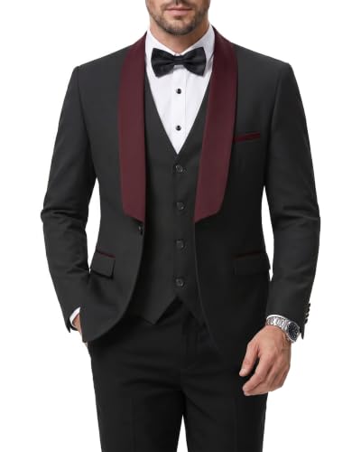 Men's 3 Piece Slim Fit Tuxedo Suit Set, One Button Shawl Lapel Solid Blazer, Jacket Vest Pants with Bow Tie, Maroon Collar Black