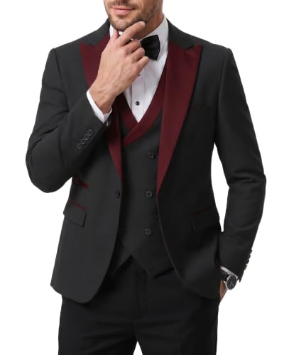 Men's 3 Piece Slim Fit Wedding Tuxedo Set, Peak Lapel One Button Suit Jacket, Double Breasted Vest Pants with Bow Tie, Maroon Collar Black
