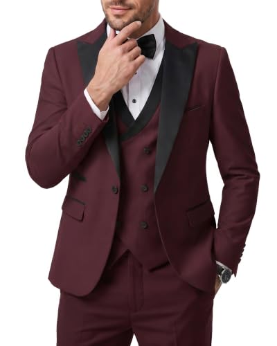 Men's 3 Piece Slim Fit Wedding Tuxedo Set, Peak Lapel One Button Suit Jacket, Double Breasted Vest Pants with Bow Tie, Burgundy