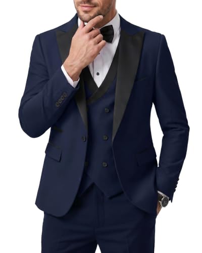Men's 3 Piece Slim Fit Wedding Tuxedo Set, Peak Lapel One Button Suit Jacket, Double Breasted Vest Pants with Bow Tie, Deep Blue