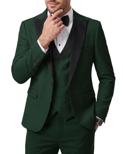 Men's 3 Piece Slim Fit Wedding Tuxedo Set, Peak Lapel One Button Suit Jacket, Double Breasted Vest Pants with Bow Tie, Deep Green
