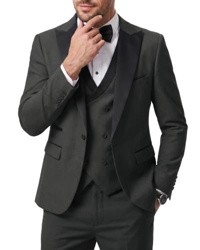 Men's 3 Piece Slim Fit Wedding Tuxedo Set, Peak Lapel One Button Suit Jacket, Double Breasted Vest Pants with Bow Tie, Deep Grey