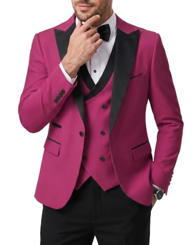 Men's 3 Piece Slim Fit Wedding Tuxedo Set, Peak Lapel One Button Suit Jacket, Double Breasted Vest Pants with Bow Tie, Fuchsia